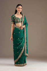 Green Frandy Satin Silk Saree with Sequins & Jari Dori Embroidery