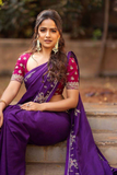 Purple Viscose Chinnon Saree with Heavy Embroidery & Contrast Blouse