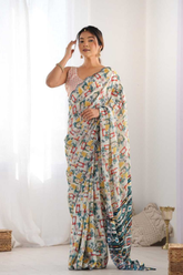 Abstract Print Heavy Chinnon Saree with Mirror Lace Detailing