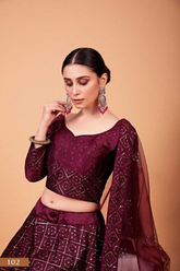 Maroon Heavy Tebi Silk Thread & Sequins Embroidered Lehenga Choli with Butterfly Net Dupatta