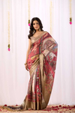 Soft Lichi Silk Saree with Nature Tribal Art Print & Luxurious Gold Zari Border