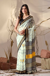 Soft Georgette Cream Saree with Bird Motifs and Mustard-Black Striped Pallu