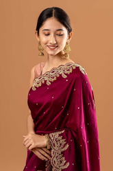 Maroon Heavy Rangoli Silk Saree with Rivet & Zari Embroidery Cutwork Border