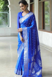 Electric Paisley Banarasi Soft Silk Silver Zari Woven Saree