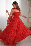 Red Bandhej Chiffon Anarkali Gown with Dupatta - kavyo.in
