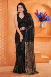 Premium Black Georgette Sequin Saree with Embroidered Lace Border & Banglory Blouse