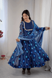 Royal Blue Bandhani Print Fox Georgette Anarkali Gown Set with Dupatta & Pant - kavyo.in