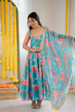 Pure Blue Muslin Floral Print Kali-Cut Gown Set with Organza Dupatta