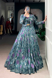Teal Floral Printed Tussar Silk Co-ord Set Lehenga with Koti