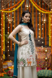 Ivory France Crepe Silk Kurti Palazzo Set with Peacock Embroidery & Dupatta