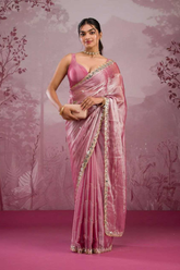 Premium Pink Silk Saree with Real Mirror & Glitter Dori Work