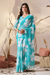 Soft Georgette Aqua Blue Saree with Bold White Floral Digital Print & Tassel Pallu