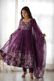 Royal Wine Floral Printed Organza Silk Anarkali Suit Set - kavyo.in