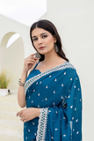 Teal Blue Chinon Saree with Zari, Dori & Sequins Embroidery