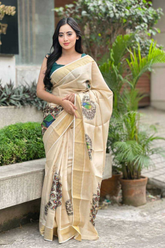 Soft Gold Banarasi Tissue Saree with Peacock Print & Intricate Zari Work