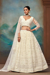 Ivory Butterfly Net Embroidered Lehenga Choli with Dupatta
