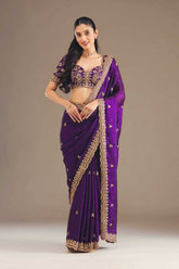 Royal Purple Fandy Chiffon Saree with Heavy Embroidery and Sequin Work