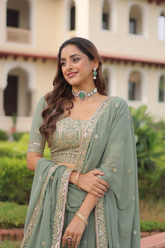 Sea Green Faux Georgette Zari & Sequins Embroidered Lehenga Set