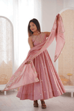 Blush Pink Roman Silk Anarkali Gown Set with Dupatta - kavyo.in