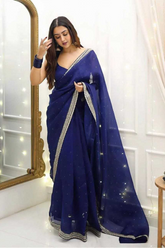 Navy Blue Heavy Organza Silk Saree with Sequins & Diamond Work