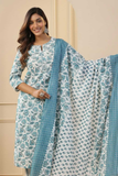 Aqua Bloom Rayon Printed Kurti Pant Set with Dupatta