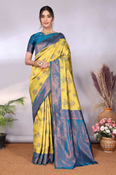 Lemon Teal Banarasi Soft Silk Floral Buti Woven Saree