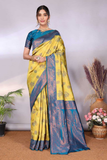 Lemon Teal Banarasi Soft Silk Floral Buti Woven Saree