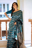 Teal Banarasi Lichi Silk All-Over Zari Floral Woven Saree