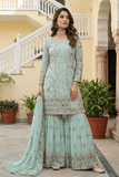 Mint Green Designer Embroidered Kurti Sharara Set with Dupatta - kavyo.in