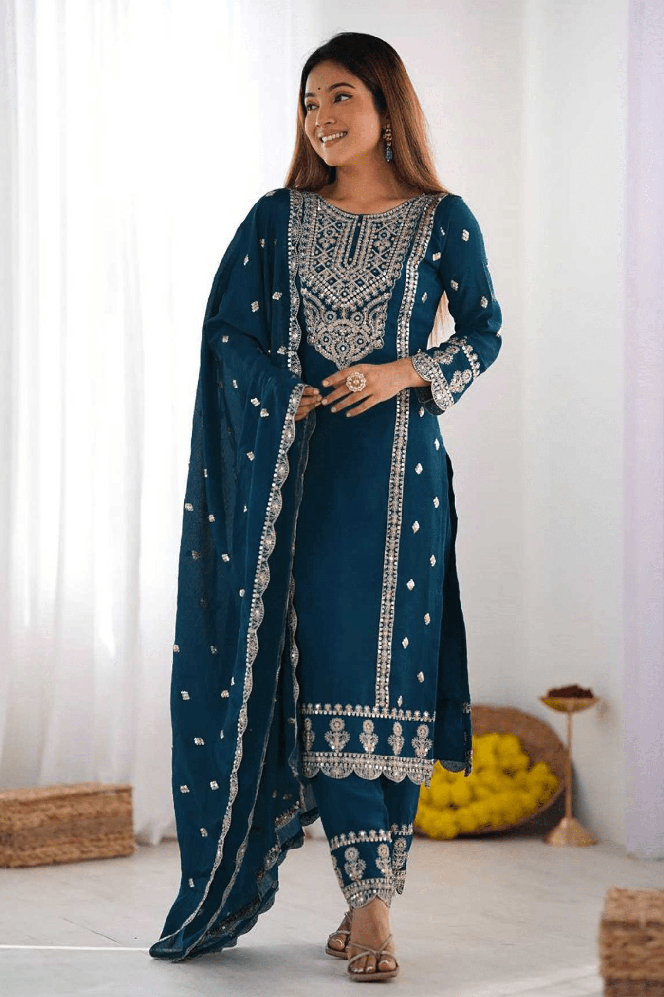 Eliza Cerulean Embroidered Kurta Pant Set with Dupatta - kavyo.in