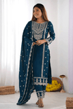Eliza Cerulean Embroidered Kurta Pant Set with Dupatta - kavyo.in