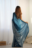 Navy Blue Heavy Chinnon Saree with Mirror Lace and Print Detailing