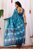Peacock Blue Soft Lichi Silk Zari Woven Saree