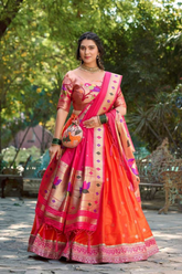 Traditional Paithani Jacquard Silk Lehenga Choli with Zari Weaving & Premium Batwa Set