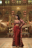 Maroon Printed Crepe Silk Tube Blouse with Draped Knotted Skirt & Long Shrug Set
