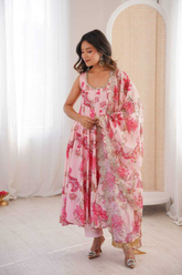 Pure Muslin Floral Print Kali-Cut Gown Set with Organza Dupatta