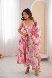 Pure Muslin Floral Print Kali - Cut Gown Set with Organza Dupatta - kavyo.in