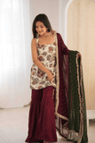 Ivory & Wine Embroidered Natural Silk Kurti Sharara Set with Faux Georgette Dupatta - kavyo.in