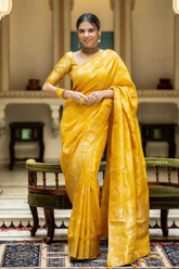 Yellow Kanjivaram Banarasi Silk Saree with Rich Zari Weaving & Jacquard Blouse