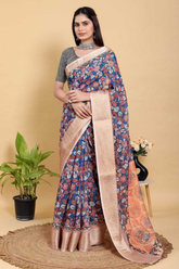 Navy Blue Jacquard Patta Linen Cotton Saree with Copper Border & Artistic Block Print Pallu