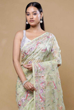 Pista Green Heavy Organza Silk Saree with Multi Thread Embroidery Work