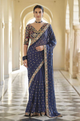 Navy Blue Organza Saree with Zari, Sequins & Thread Embroidery Work