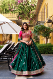 Green & Pink Silk Satin Embroidered Lehenga Choli Set with Dupatta