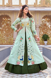 Peacock Floral Embroidered Satin Silk Anarkali Top with Vichitra Lehenga Set