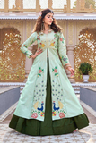 Peacock Floral Embroidered Satin Silk Anarkali Top with Vichitra Lehenga Set