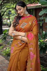 Gold Soft Chanderi Cotton Saree with Embroidery & Zari Patti Border