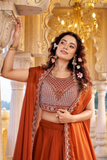 Burnt Orange Rangoli Silk Lehenga Choli Set with Shrug-Style Dupatta