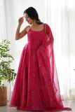 Emerald Red Chiffon Bandhej Anarkali with Dupatta