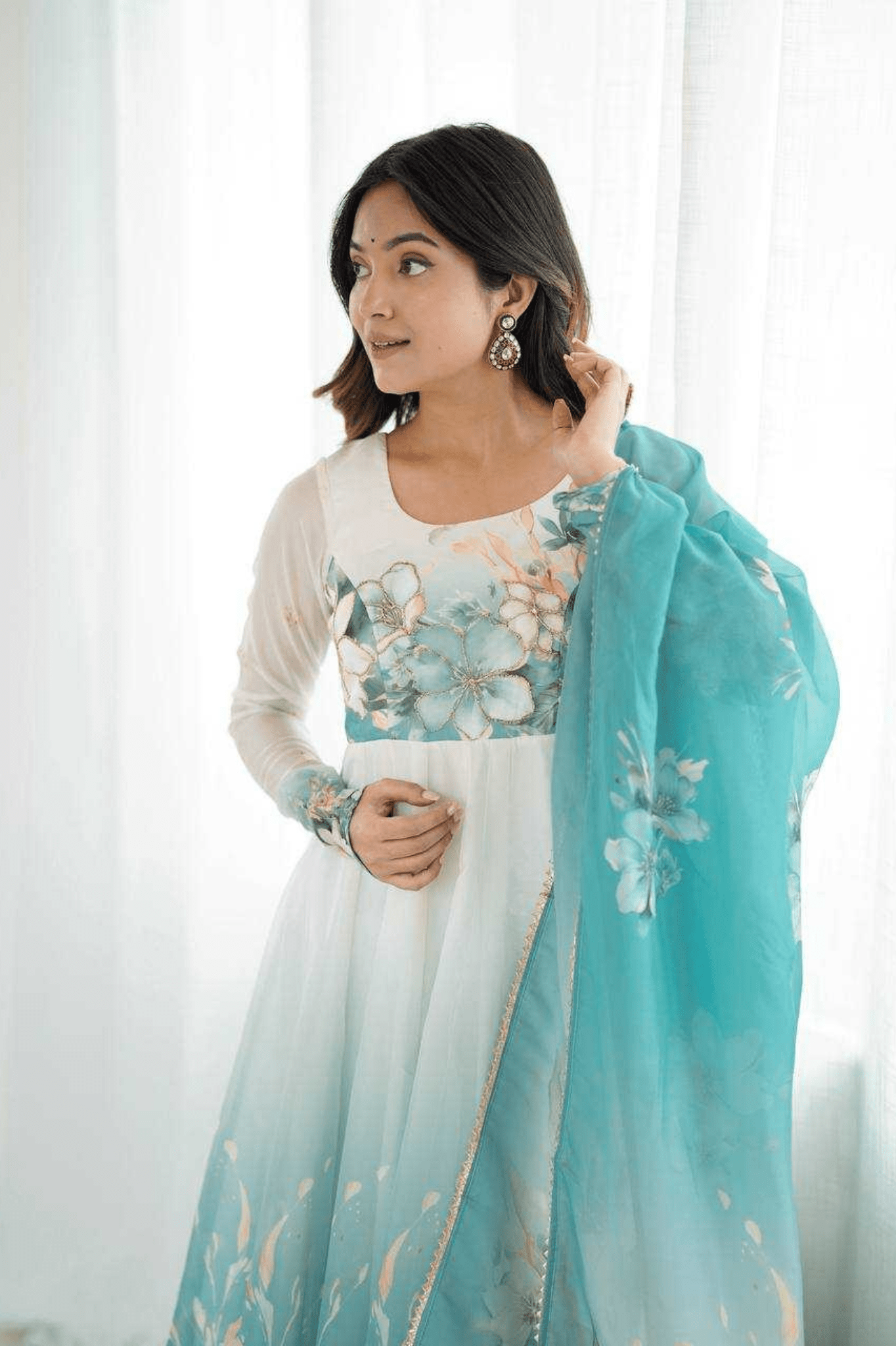 Pastel Aqua Organza Silk Handwork Anarkali Gown Set - kavyo.in