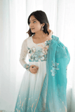 Pastel Aqua Organza Silk Handwork Anarkali Gown Set - kavyo.in